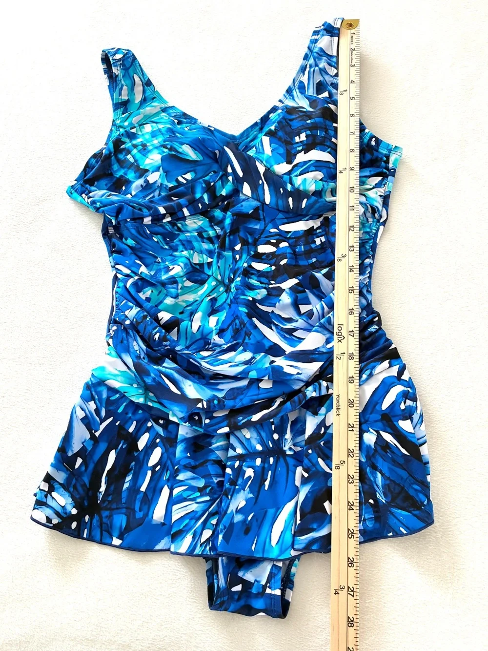 Ceeb Swim Dress 14 Blue Tropical One Piece Swimsuit Ruched Tummy Control Coastal - Picture 11 of 14